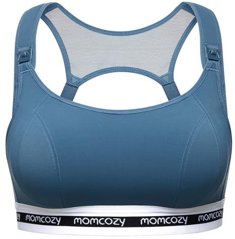 Momcozy Nursing Bras for Breastfeeding, FB011 Low-Impact Nursing Sports Bra Support Maternity Pregnancy Padded Wireless Bralette Blue