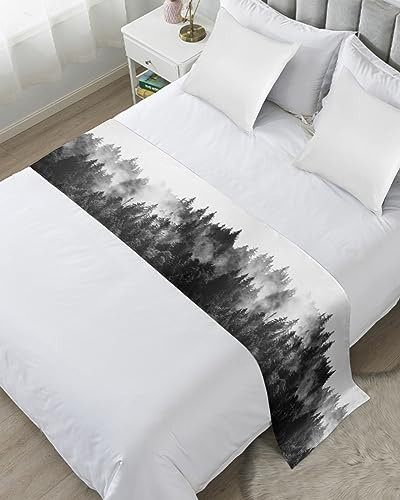 Black Forest Bed Runners for Queen Size Bed, Bed Throws for Foot of Bed, Black and White Natural Landscape Modern Abstract Art Bed Runner Sofa Throw Bedding Scarf Protector Slipcover for Bedroom