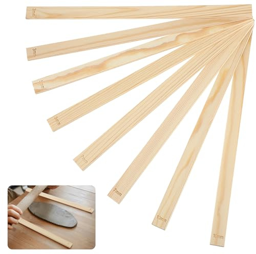 Prasacco 8 Pack Pottery Rolling Pin Guides (4 Sizes, Wooden, 34 x 2 cm/13.39 x 0.79 inches, 3/5/7/10mm)