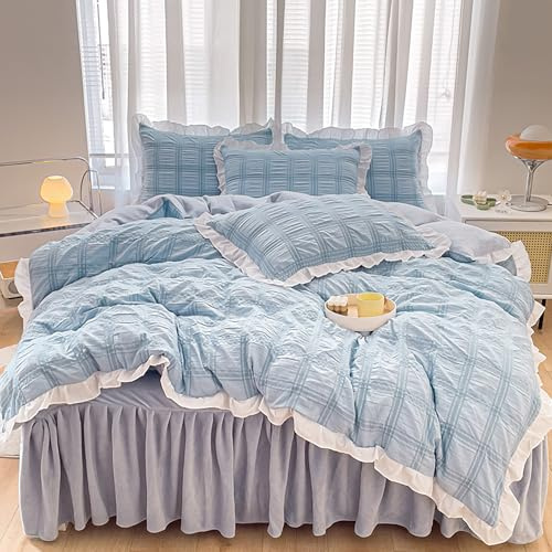 GETIYA Biancheria da letto in microfibra blu chiaro, 135 x 200 cm, elegante biancheria da letto in seersucker con volant, letto singolo in seersucker con 1 federa 80 x 80 cm