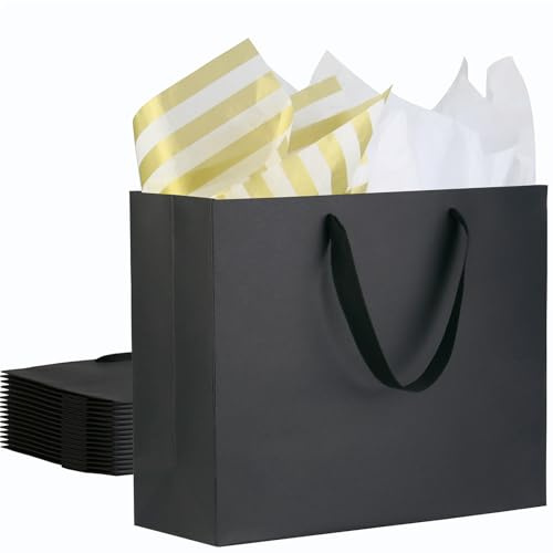 HRUISE 12 Geschenktüten mit Seidenpapier Schwarz - 32x11.5x28cm - Mittel Papiertüten mit henkel, Papier Tüten Geschenktaschen aus Papier Set für Festivalfeier Partei Geburtstag Geschäftstätigkeit