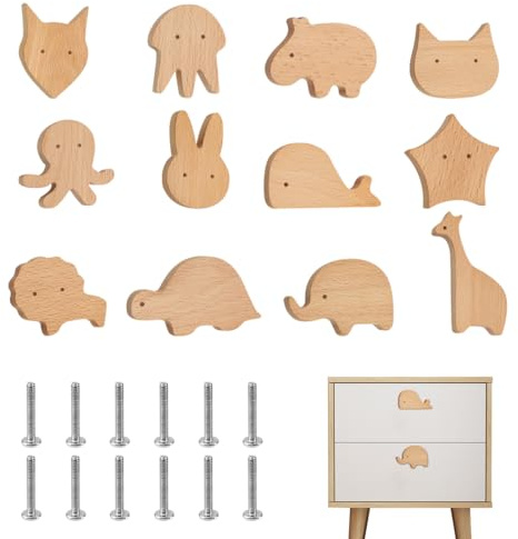 EUIEUT 12 Pcs Poignée Meuble Bois Mignon, Bouton de Tiroir en Forme d'Animal, Boutons de Portes pour Placards avec 12 Vis, Petites Poignées Armoire Enfant, pour Porte Penderie Commode Coiffeuse