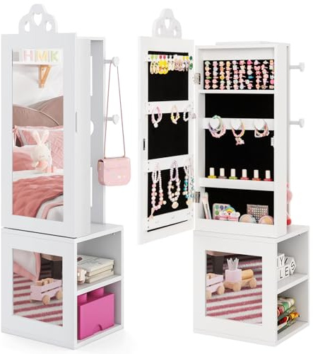 COSTWAY 3 en 1 Armoire à Bijoux Enfant avec Miroir Pleine Longueur, Organisateur à Bijoux en Forme Cœur avec 4 Crochets & 3 Étagères, Anti-Bascule, Portant à Vêtements pour Enfants de 3 Ans+ (Blanc)