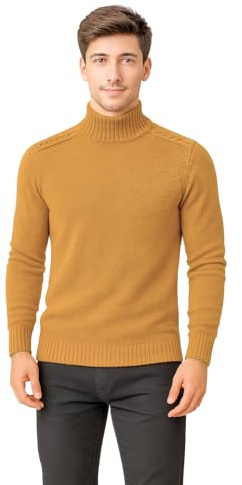 Maglione a Mezzo Collo in Calda e Morbida Lana - Lupetto da Uomo in Tinta Unita con Fantasia a Treccia sulla Spalla - Made in Italy (IT, Testo, M, Regular, Regular, Cammello)
