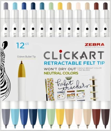 Zebra ClickArt Retractable Marker Pen - Water-based, Felt Tip Pens 0.6mm Fine tip, Assorted Neutral Colors, Pack of 12