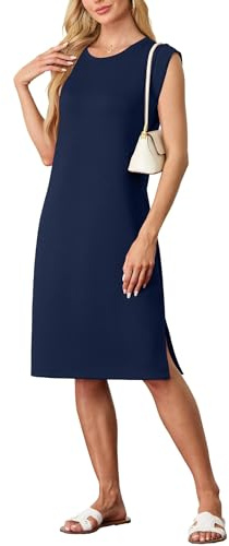 GRECERELLE Robe midi d'été pour femme, style décontracté, col rond, élégante, sans plis, sans manches, avec ouverture et poches, bleu marine, X-Large