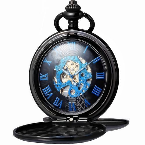 Kchss Mechanical Roman Numerals Dial Skeleton Pocket Watches with Box and Chains for Mens Women Black Blue
