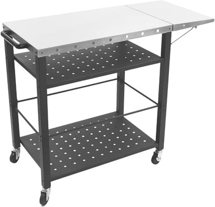 WooDerson Grillvagn utomhus, serveringsvagn med fällbart sidobord, grillvagnsbord med 4 universella hjul, rostfritt stål grill sidobord med stor arbetsyta, 80 x 50 x 83 cm