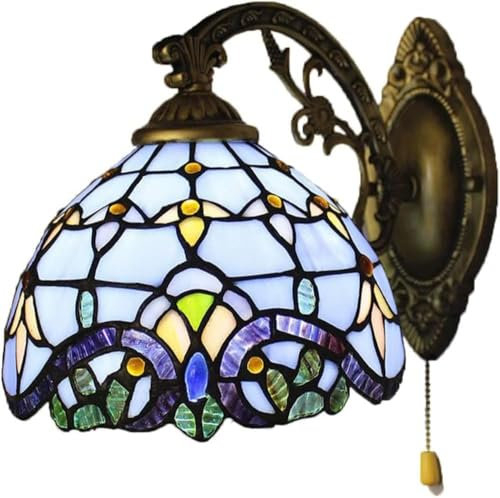 Applique in Stile Tiffany, Lampada da Parete retrò Europea in Vetro Colorato Barocco Lampada da Comodino con Interruttore A Strappo Soggiorno Camera da Letto Bar Caffetteria Applique, Blue