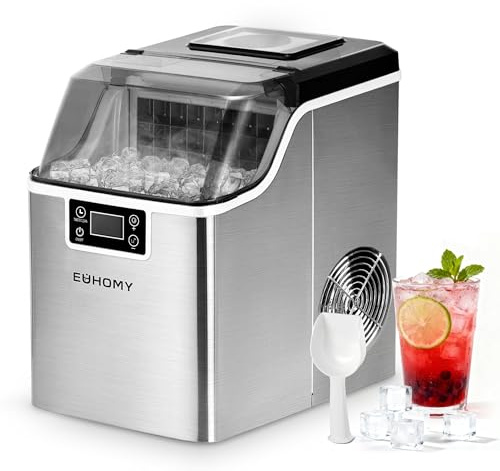 EUHOMY Macchina del Ghiaccio Casa: 24 Cubetti in 13 Minuti, 20,5KG/24H Macchina per il Ghiaccio Autopulente, 3,2L con Paletta/Cestello, per Cucina/Ufficio, Acciaio Inossidabile