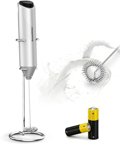 Bonsenkitchen Elektrischer Milchaufschäumer, Handheld Milchschäumer Stab, mit Edelstahlständer und Batterie, geeignet für Latte, Cappuccino und Matcha, Geschenke für Kaffeeliebhaber, Silber