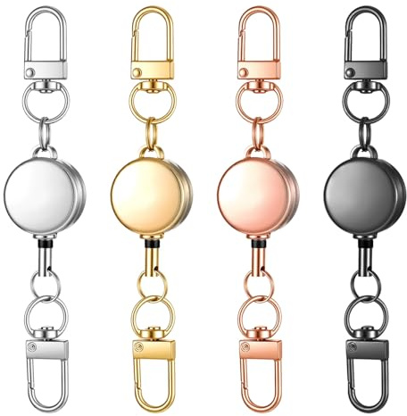 4 Pack Retractable Keychain, Metal Retractable Badge Holder with Hook | Retractable Key Chain Keyring, Lanyard Extender Retractable for Women Men Card Key Fix(Gold, Silver, Rose Gold, Black)