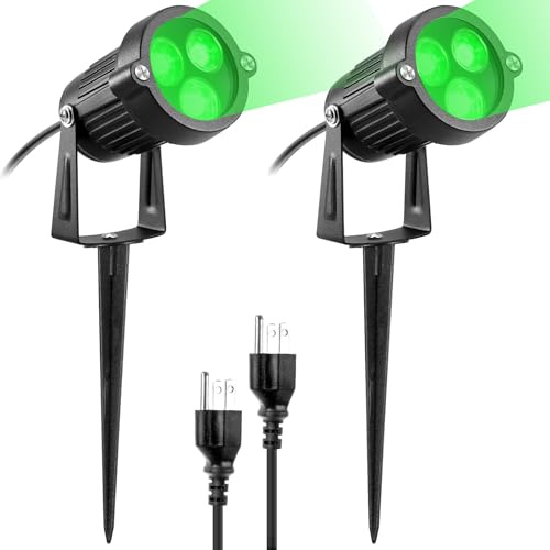 LemonBestÂź Pack of 2 Outdoor Water-Resistant LED Lawn Garden Landscape Lamp Wall Yard Path Patio Lighting Spot Lights Green AC Spiked Stand with Power Plug