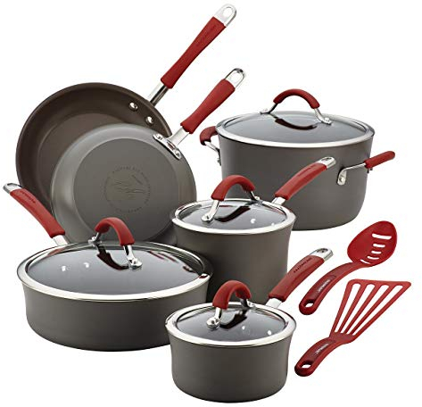 Rachael Ray Cucina Dishwasher-Safe Hard-Anodized Pots and Pans Set Non Stick Cookware, 12-Piece, Gray with Red Handles