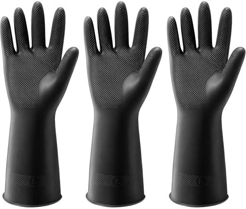 ThxToms 3 Pairs Dishwashing Gloves, Reusable Latex Cleaning Gloves for Housework Kitchen Bathroom, Durable Flexible & Anti-slip, Smooth Lining, Easy On & Off, Large, Black