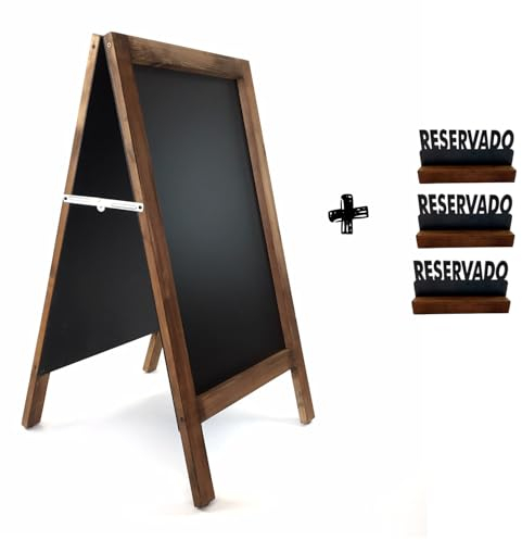 Pizarra caballete marco madera Pizarra negra doble cara apta para tizas y rotuladores efecto tiza. Ideal para hostelería, restaurante, habitación, casa, etc. (NOGAL, 120 x 60 cm)