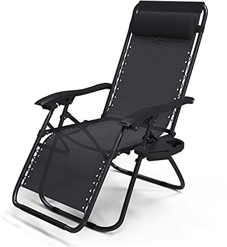VOUNOT® Tumbona Plegable Multiposicione Jardín, Silla Gravedad Cero Reclinable, con Soporte para Bebidas y Reposacabezas Axtraíble, Carga máxima 120kg, Negro
