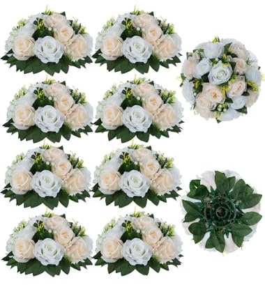 BLOSMON Flower Centerpieces for Tables Wedding 10 Pcs Champagne & White Fake Flowers with Base Rose Balls Arrangement Bouquet Floral Centerpiece Artificial Wedding Center Pieces of Home Party Decor