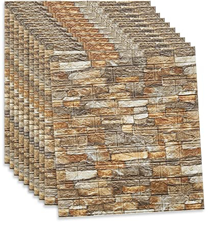 Selbstklebend 3D Tapete, 10 Stück Ziegelstein Wandsticker Wandtapete Steintapete Klebefolie Steinoptik Wandpaneele, Wasserdicht Wandaufkleber für Wohnzimmer Schlafzimmer Küche (Gelb)