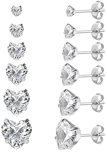 6 Pairs Surgical Stainless Steel Screw back Stud Earrings, 18K Gold Plated Heart Square Princess Cut Round Cubic Zirconia CZ Stud Earrings Set (Silver heart butterfly back)