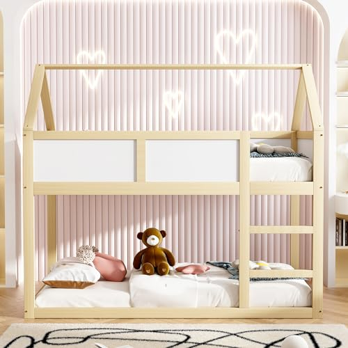 MQLAE Kinderbett Hochbett 90x200, Etagenbett Holzbett Hausbett für 2 Kinder, Bettgestell mit Rausfallschutz und 1 Lattenrost, Spielbett Stockbett für Jungen & Mädchen, Massivholzrahmen (Beige)