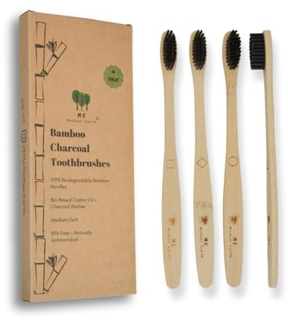 ME MOTHER EARTH Bamboo Charcoal Toothbrush Pack, Medium Soft Bristle Brush, Charcoal Infused Bristles, Biodegradable & Eco Friendly, Sustainable Bamboo (Pack of 4)