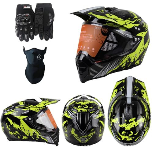 Motorradhelm Crosshelm Damen Herren Full Face Motocross Helm Dirt Bike Helm DOT/ECE-Zertifizierter Mit visier Maske Handschuhe Downhill Helm Mopedhelm Schutzhelm Für Cruiser Chopper,Yellow/A-M