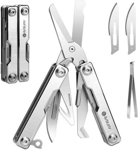 Mini Scissors Tools, BIBURY 8 in 1 Rettungsschere EDC Multitools Mit Schlüsselring Glasbrecher Unsichtbare Pinzette, Edelstahl Outdoor Survival Multi Tool mit Federschere Geschenke für Frauen Männer