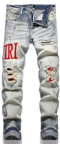 Kdtoll Jeans Uomo Slim Fit Strappati - Pantaloni in Denim Stretch Elasticizzati con Ricami alla Moda, Stile Streetwear Y2K Casual, Design Casual alla Moda per Tutte Le Occasioni