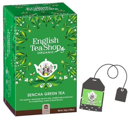 English Tea Shop | Ekologiskt japanskt grönt te, renande och matsmältning | Sencha Pure Green Tea Stark Smak i enstaka påsar - 20 tefilter