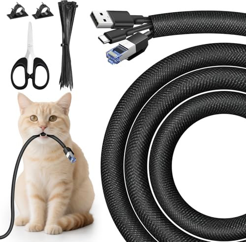 CoKeeSun 14 Gaine Câble Tressé Extensible, 3 Mètres -10mm Gaine Cable Souple Ajustable, Fermeture Automatique Range Cable, Protege Cable pour Chien et Chat, Ordinateur, Audio, TV, PC, USB, Noir