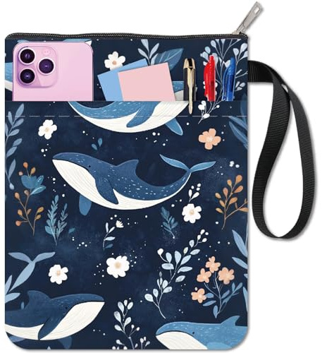 CRASPIRE Copertine per Libri con Balene Protezione per Libri con Fiori Custodia per Libri con Animali Marini per Libri Tascabili Copertina in Tessuto Lavabile con Cerniera e Tasca Extra