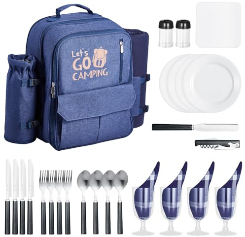 VEVOR Picknickrucksack Picknicktasche (20 L) für 4 Personen mit isoliertem & Kühlfach & abnehmbarem Flaschen-/Weinhalter, Leichter Decke, Teller- und Besteckset zum Wandern Camping, Marineblau