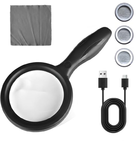 Lupa con Luz, 2X 13X Lupas de Mano de Gran Aumento, Lupa de Vidrio, Lupa Iluminada de Lectura con 33 Luces LED para Joyería, Leer Libros, Exploración, Periódico y Mapas (Negro)