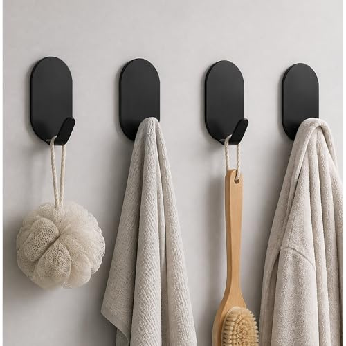 Menylon Wall Hooks Stick on Heavy Duty,4 Pack Stainless Steel Black Self Adhesive Hat Hooks for Wall,No Nail Hook for Back of Door,Extra Sticky Hooks for Hanging Coat Cloth Towel Key