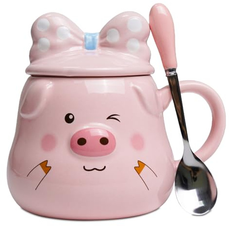 Mugtide Schweinchen Kaffeebecher, Origineller Keramikbecher, 3D Becher, Frühstücksbecher mit Löffel, Perfekt für Feiertage, Geburtstage oder als Geschenk für Lehrer und beste Freunde, 400 ML (Stil 4)