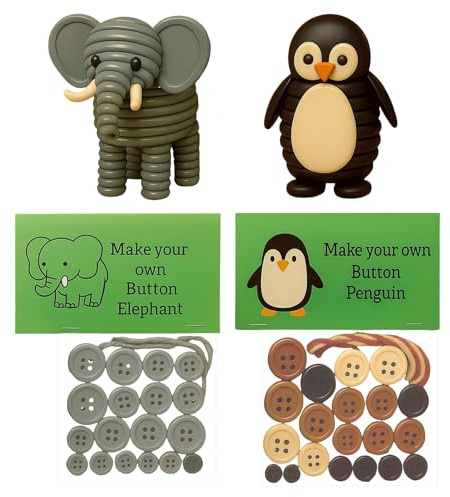 DIY Button Animal Ornaments Kit, Fun Button Pendant Making 2 Set, Buttons Christmas Tree Ornament Kit for Elephant|Penguin, for Mantel Window Sill Door Living Room Bedroom Party