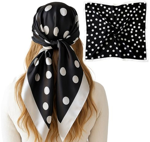 YONEEKSS Women's Square Satin Head Scarves, 90x90cm Polka Dot Silk headscarf, Soft Square Scarf Bandana Neck Headscarf Decoration Gift for Women (black)