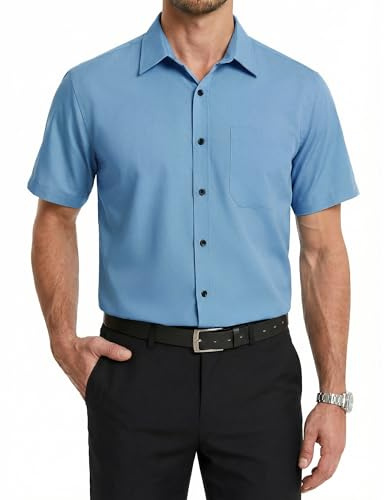 HISDERN Camisa Manga Corta Hombre Vestir Formal Verano Camisas de Fibra de Bambú para Hombre Elegante Business con Botónes Regular Fit Azul 4XL