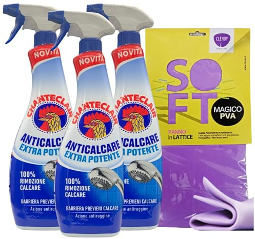 SET: 3x Detergente Spray ANTICALCARE, Con Barriera Previeni Calcare. Disponibile In Diverse Modalità 625ml + Panno SOFT In Lattice, Formato 30x30 (EXTRA POTENTE (3 Spray + 1 Panno))