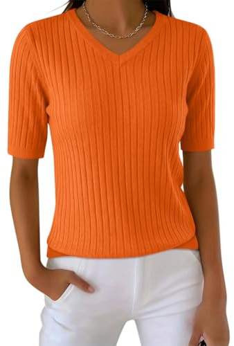 shownicer Femme Pull Manches Courtes Printemps Été en Tricot Pulls Chic et Elegant Pullover Col V Léger Basique Haut