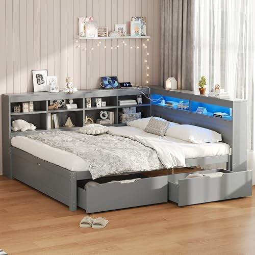 Xfholl 4ft6 Double Daybed with Two Storage Drawers and Beside Storage, Wood Bed with LED Lighting and Charging Station, Grey, 135 x 190 cm (No Mattress)