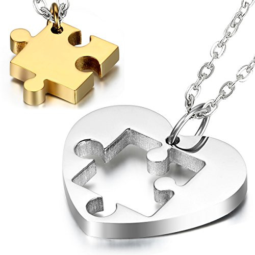 Cupimatch 2pcs Couples Necklace Stainless Steel Love Heart Puzzle Matching Pendant with Chain (Gold)