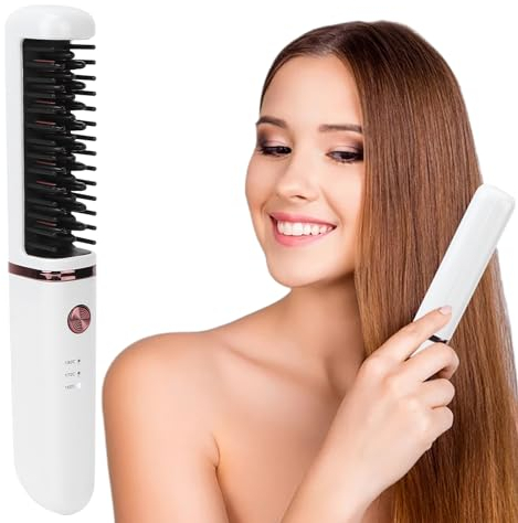 Haarglätterbürste Tragbarer Kabelloser Glättungskamm Schnelles Aufheizen 3 Stufen Einstellbare Temperatureinstellungen mit Anti-Verbrühungs-Design für Mädchen Frauen USB Wiederaufladbar