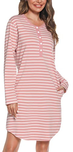 Vlazom Ladies Cotton Nightdresses,Soft Stripes Nightshirt for Women Long Sleeve Sleep Dress Sleepwear with Pockets, A-Pink, M