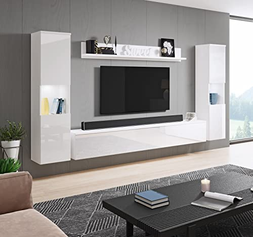 Set di mobili da soggiorno PIASKI Paris XL, Illuminazione LED opzionale, Set di mobili da soggiorno, Mobili da soggiorno moderni (Bianco/Bianco Luminoso)