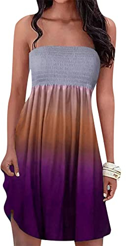 YMING Signore Spiaggia Bohemian Abiti da Sera Senza Spalline Abito Smocked off Shoulder Abito Estivo Casual con Busto Elastico Viola Gradiente XXL