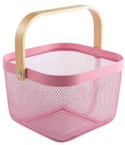Metallkorg förvaringsorganisatör, multifunktionell korg med bambuhandtag för hem kök picknick shopping dekoration (rosa)