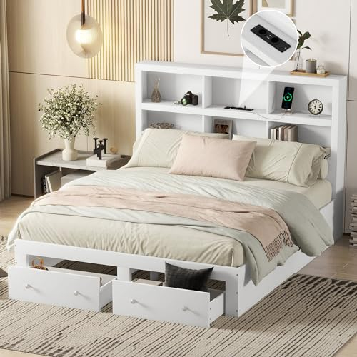 Moimhear Doppelbett 160x200cm, Massivholz, Kingsize-Plattformbett mit Zwei Schubladen am Fußende des Bettes, Kopfteil mit Stauraum (Weiß)