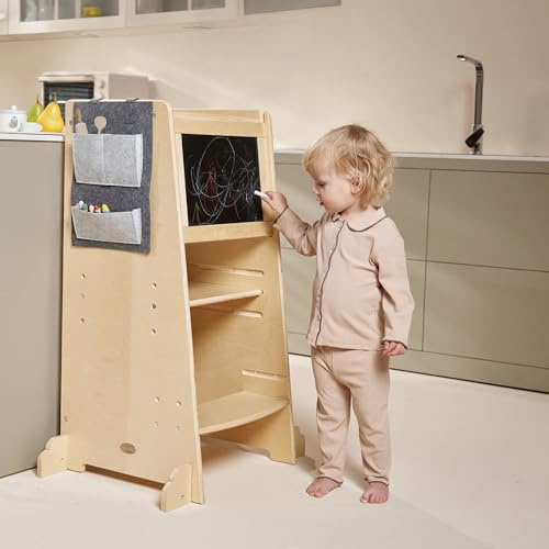 Allis Baby Learning Tower, Natural Wooden Toddler Steps for 18months+, Montessori Kitchen Helper for Kids Step Stool with Adjustable Shelves (Natural Wood)